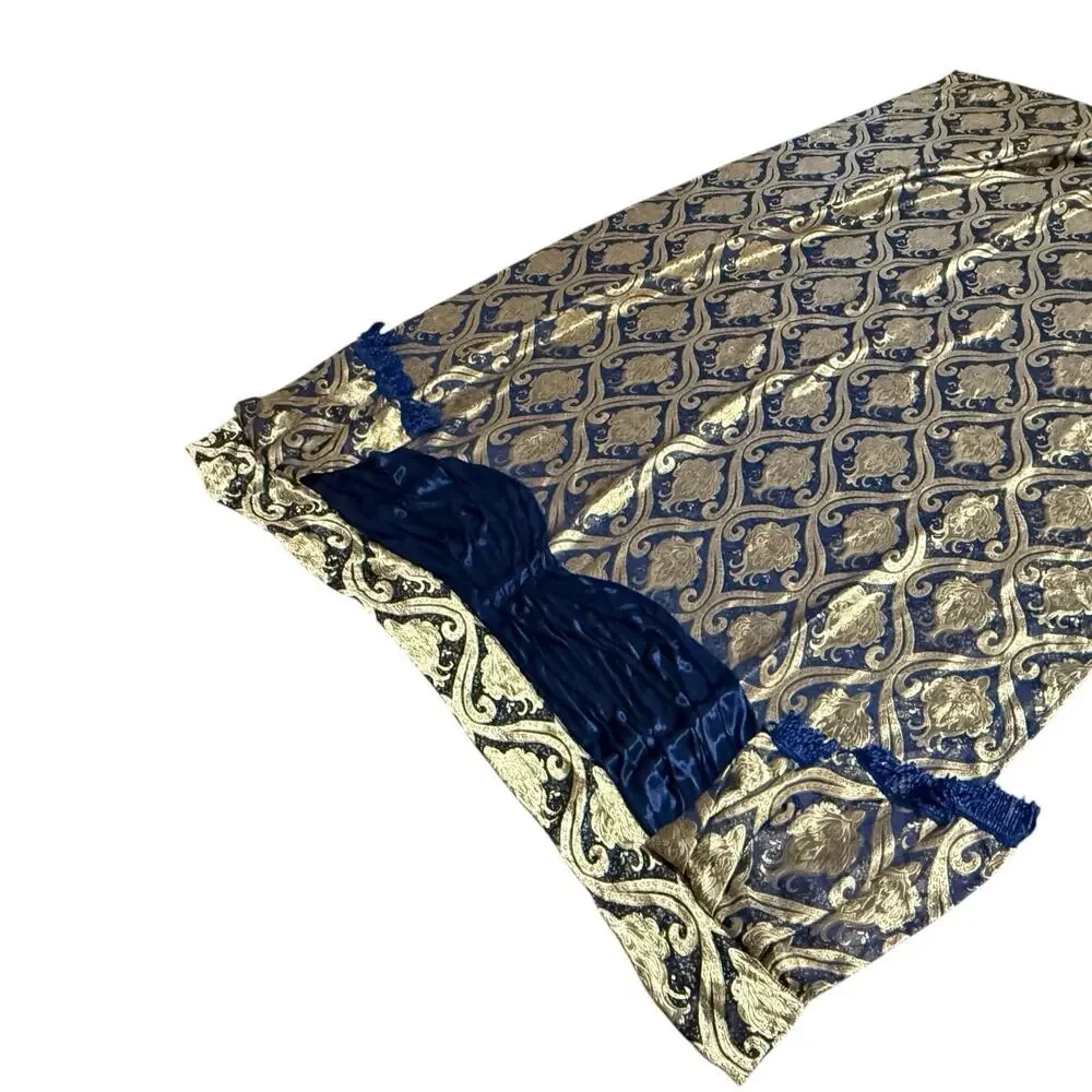 Single Gold Blue Jacuard Curtain Panel Damask Printed Attached Valance Luxury